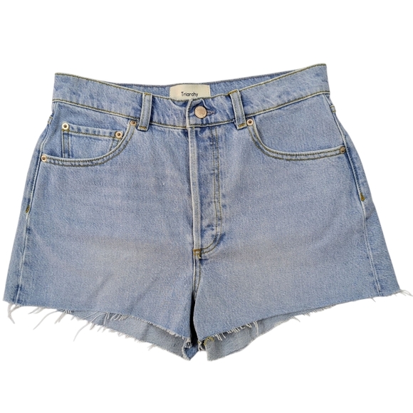 Triarchy Denim Shorts High Rise Cut Off Raw Hem Button Fly 5-Pocket Blue 26 NWT - Picture 1 of 13